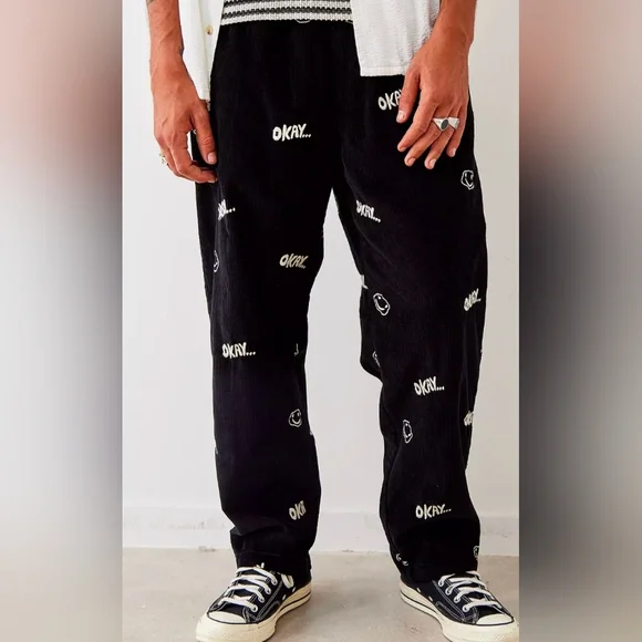 UO Smiley Faces Embroidered Corduroy Black Pants Unisex Size Small NWOT - Picture 3 of 12
